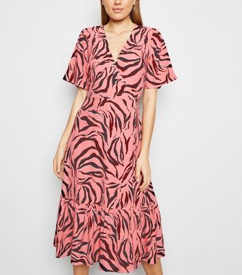 Pink Zebra Print Tiered Midi Dress ...